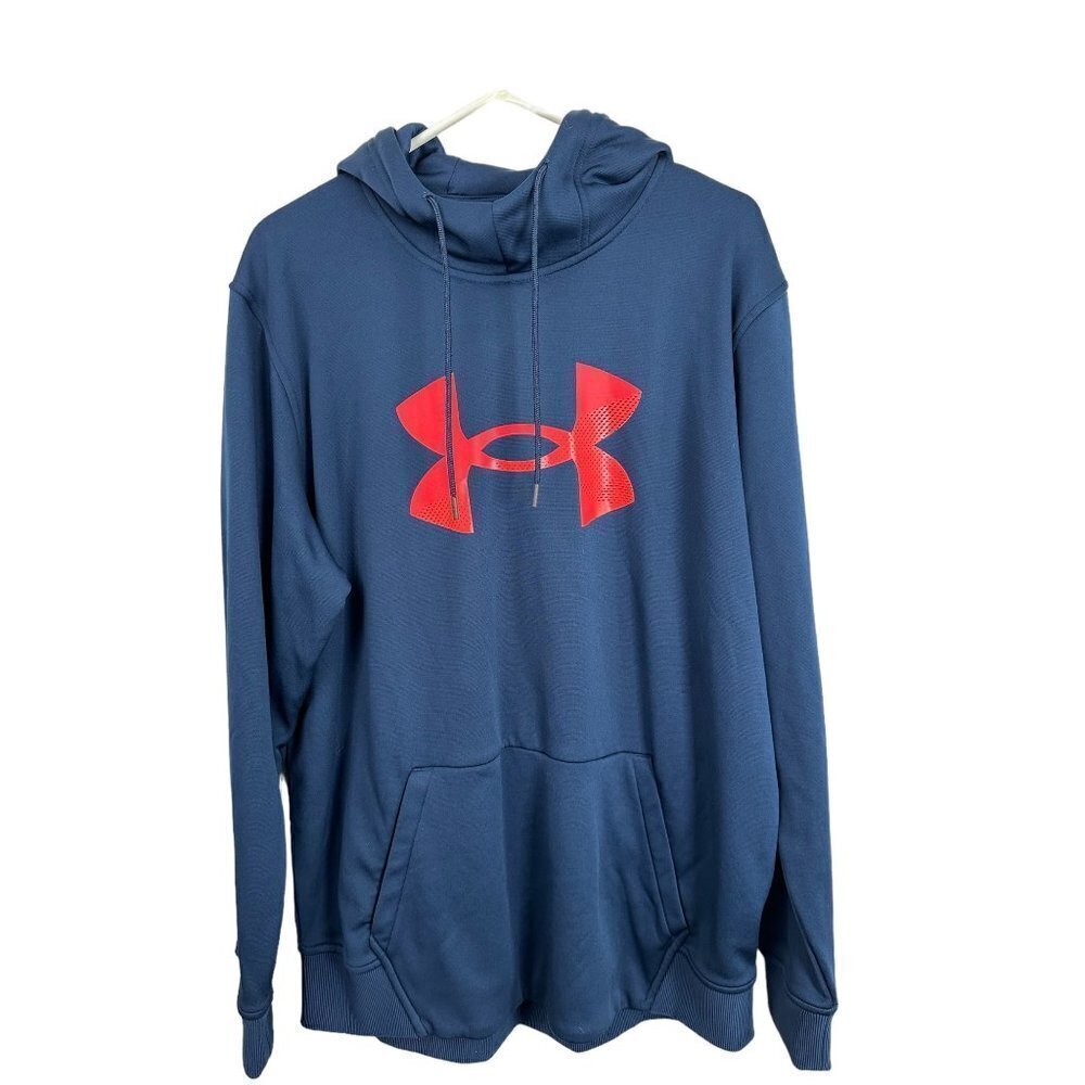 Under Armour ColdGear Mens XL Navy Blue Red Logo Hoodie Sweatshirt Loose Fit